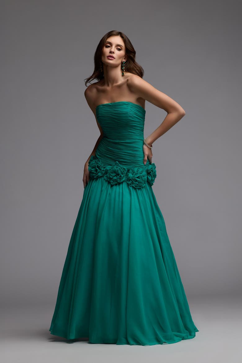 Strapless Chiffon Drop Waist Ball Gown with Floral Appliqué, Alternate, color, Spring Green