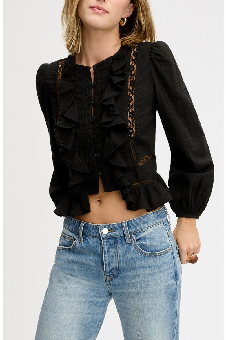 Lace Inset Ruffle Cotton Button-Up Shirt, Alternate, color, TRUE BLACK