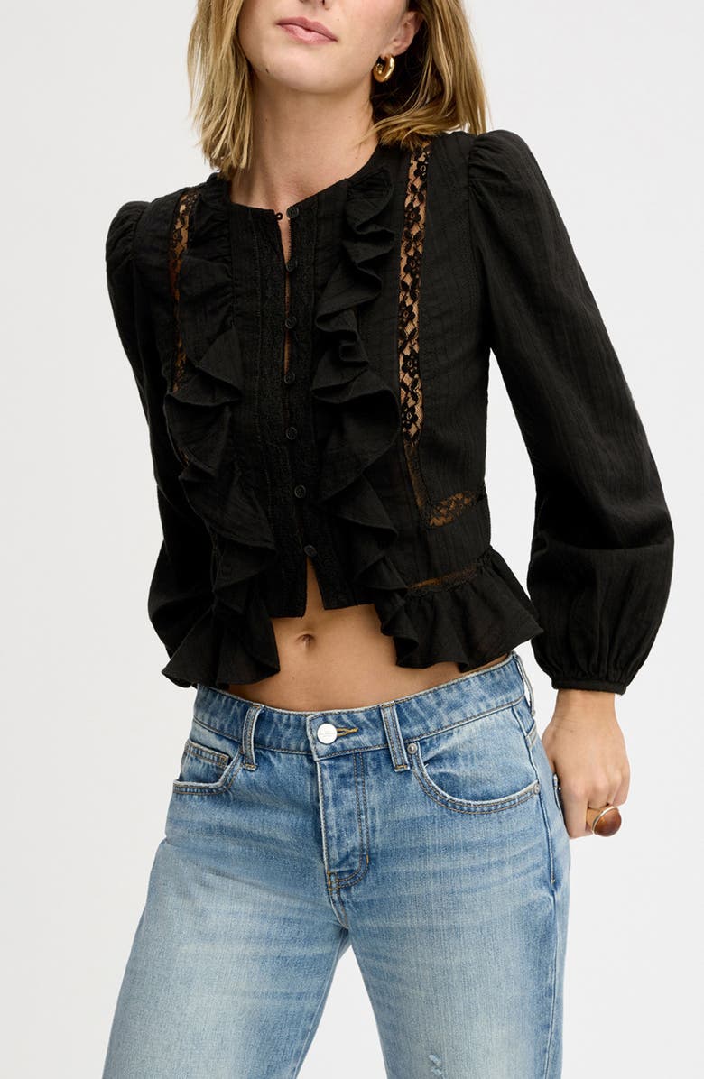 Sam Edelman Lace Inset Ruffle Cotton Button-Up Shirt, Alternate, color, True Black