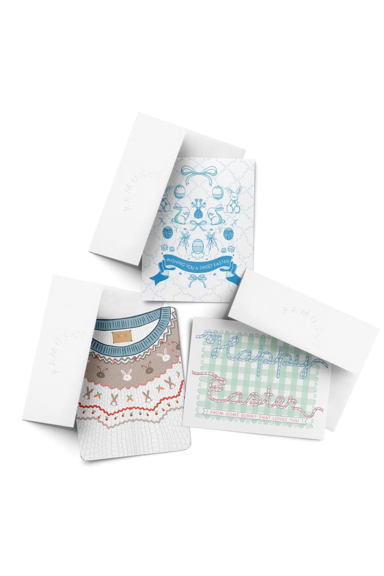 Easter Greeting Card Pack, 'Indigo Sweet, Bunnies Sweater, Gingham Ribbons', Main, color, Multi-Pack