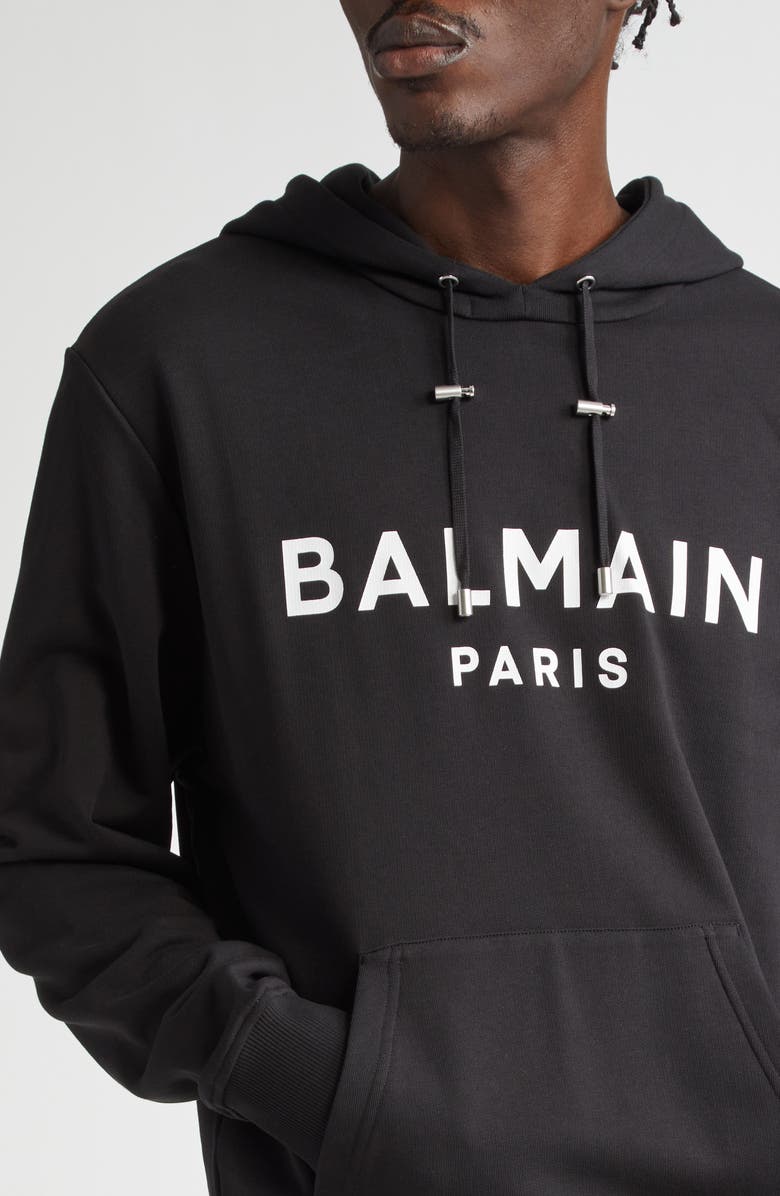 Balmain Logo Organic Cotton Graphic Hoodie, Alternate, color, Black/ White