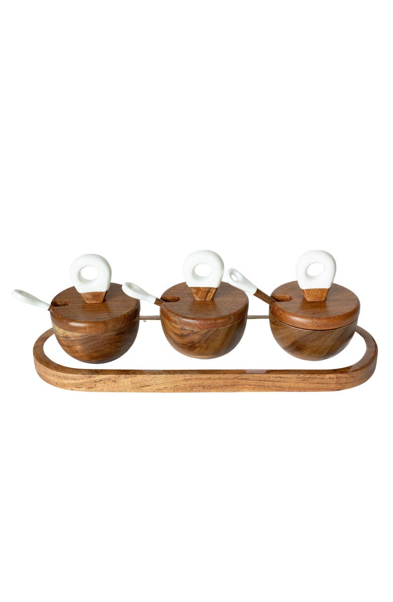 Jeanne Fitz Wood + White Collection Acacia Wood 3 Dipping Bowls with Charcuterie Utensils, Alternate, color, White, Brown