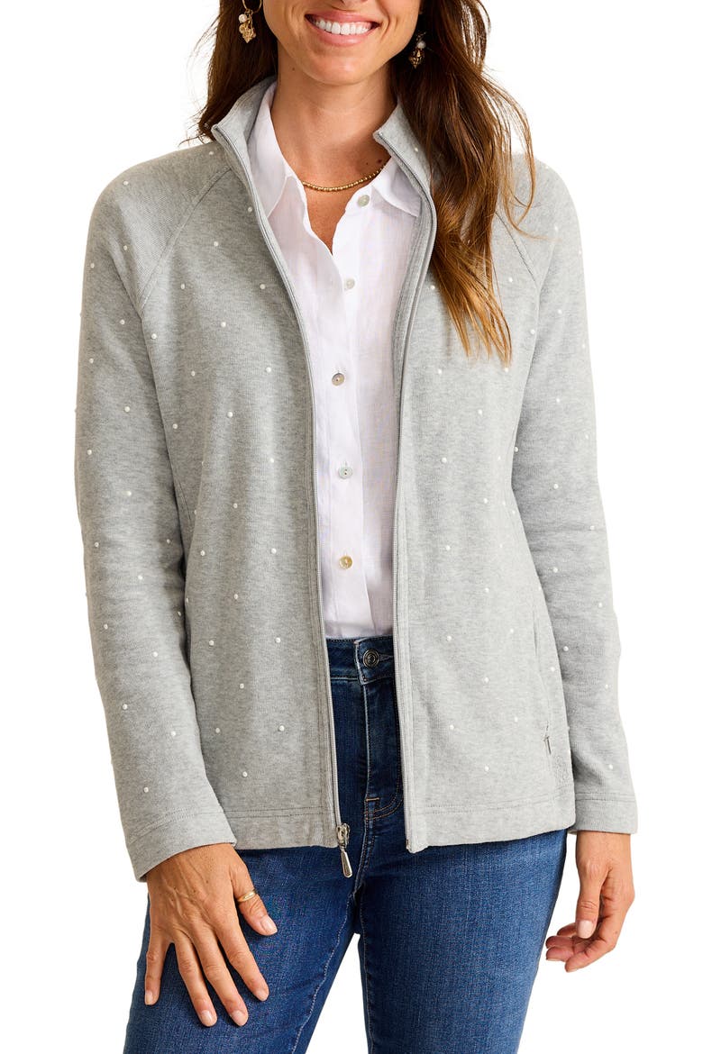 Aruba Faux Pearl Embellished Stretch Cotton Sweatshirt, Main, color, FOSSIL GREY HEATHER