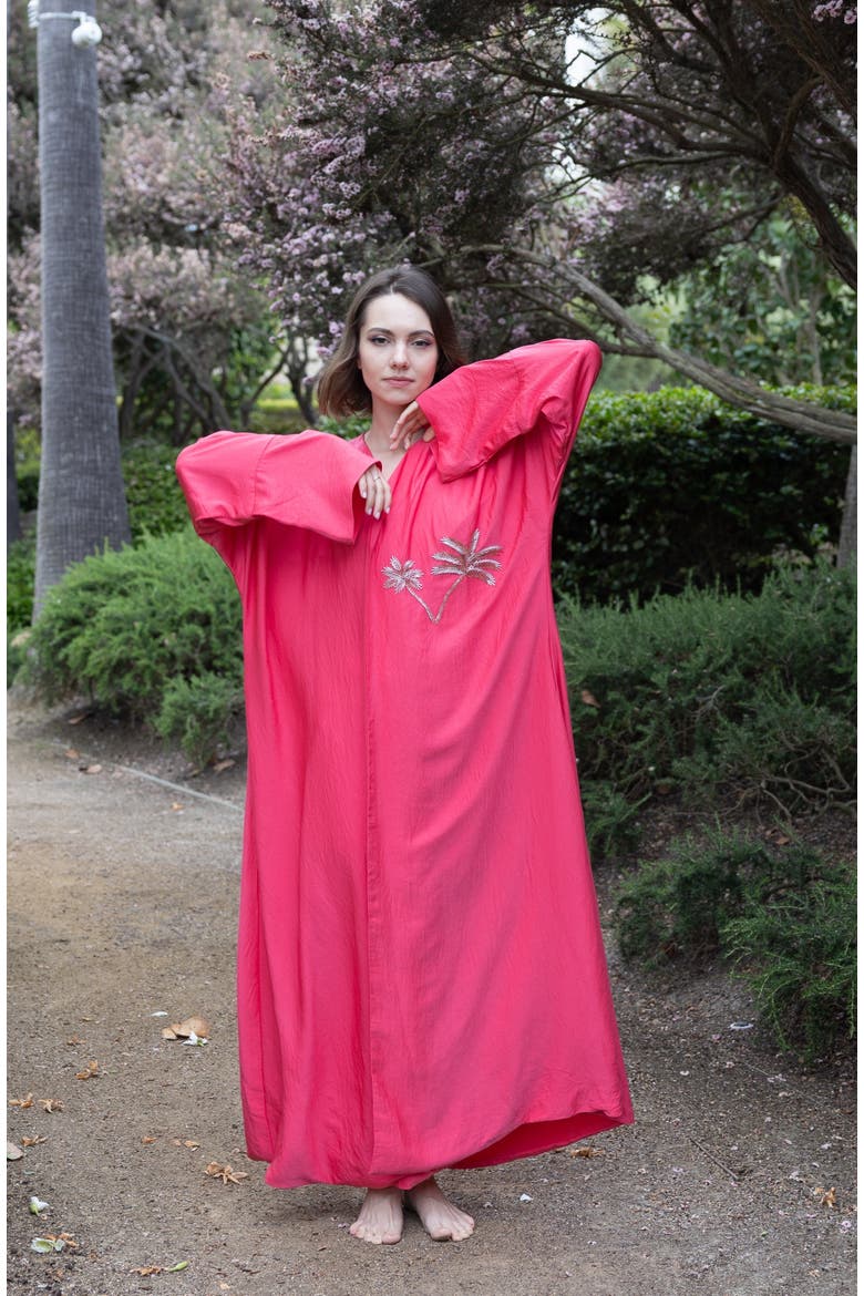Palm Embroidered Silk Kaftan, Alternate, color, Red