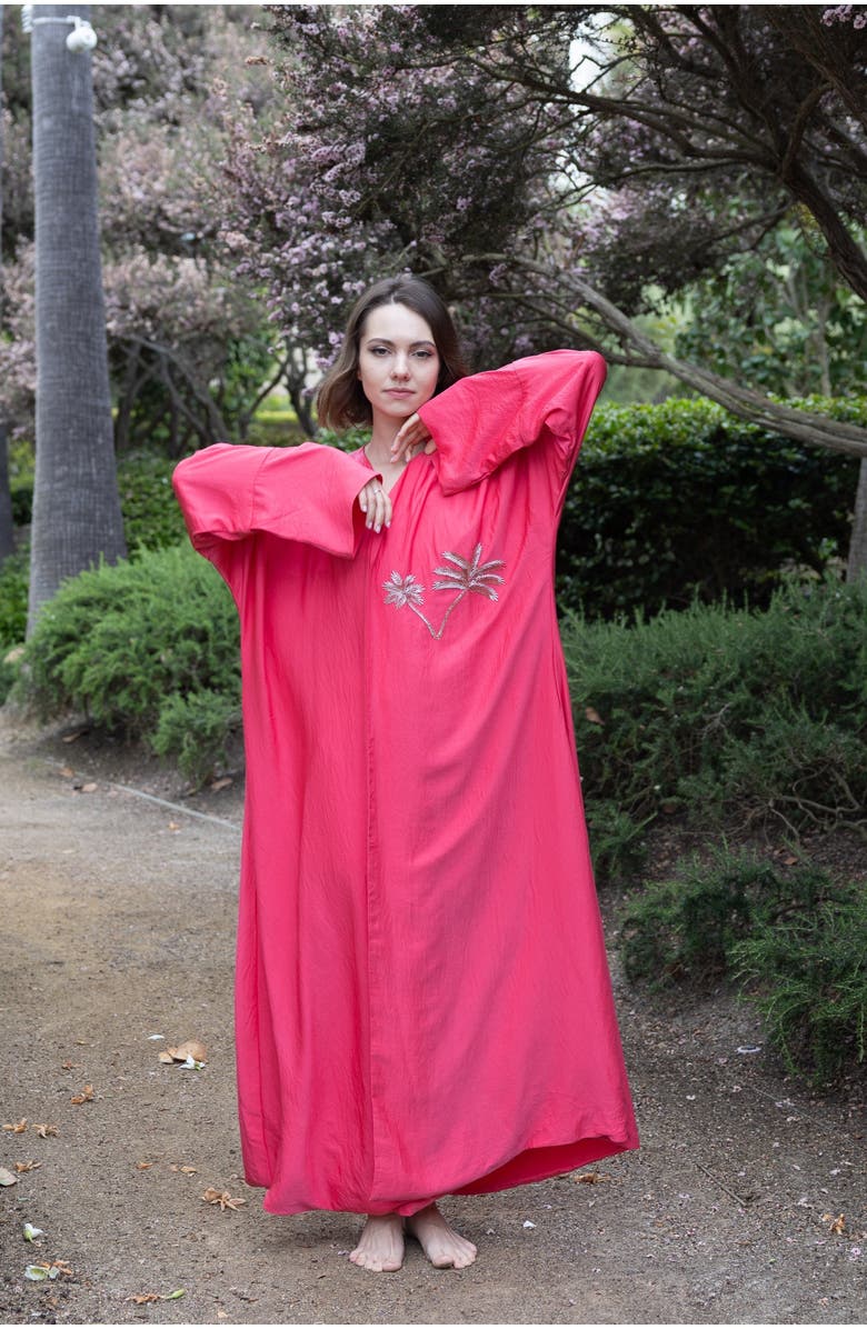 Le Fafo Palm Embroidered Silk Kaftan, Alternate, color, Red
