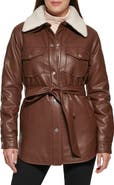 Kenneth Cole Faux Leather Tie Belt Shacket with Removable Faux Shearling Collar