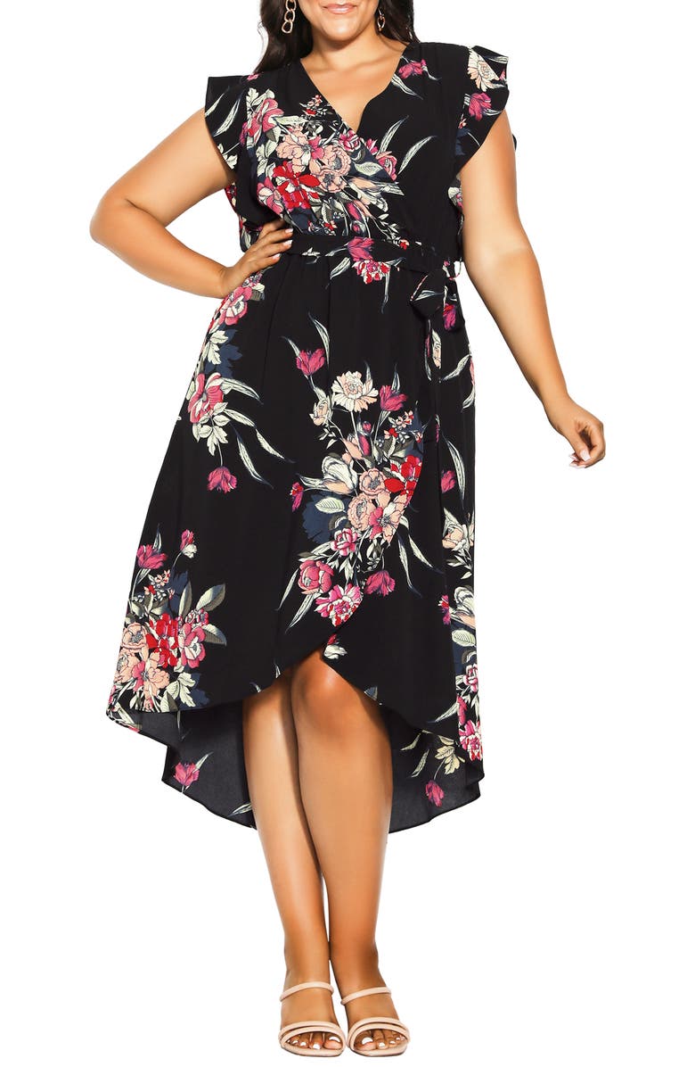 City Chic Floral Short Sleeve High-Low Dress, Main, color, Misty Floral