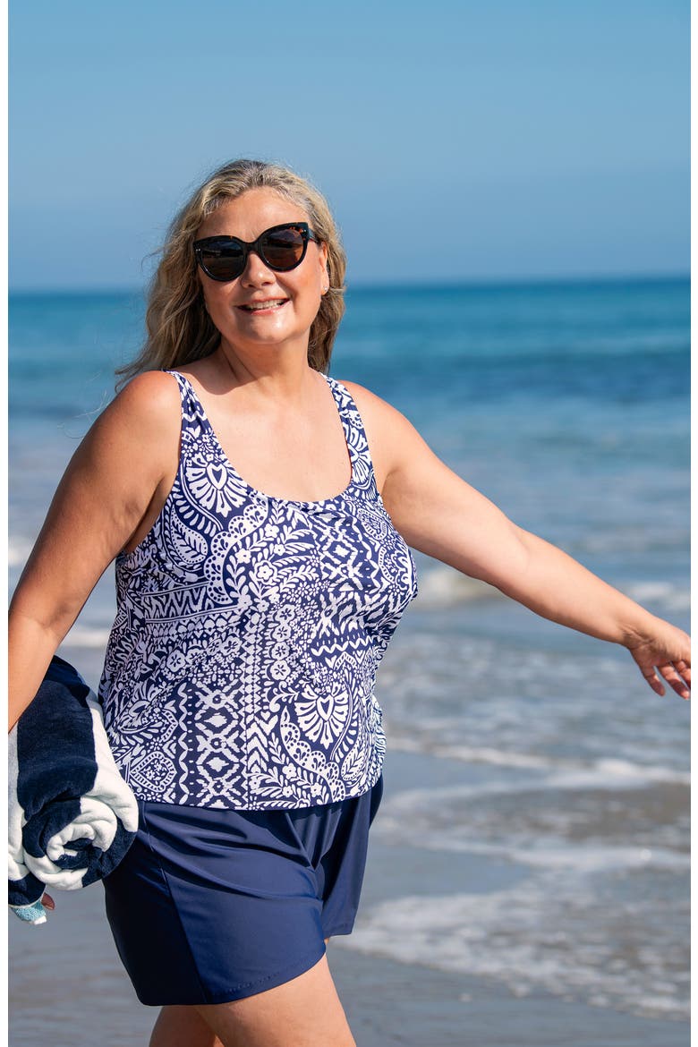 Bohemia Faux Tankini One-Piece Swimdress, Alternate, color, INDIGO