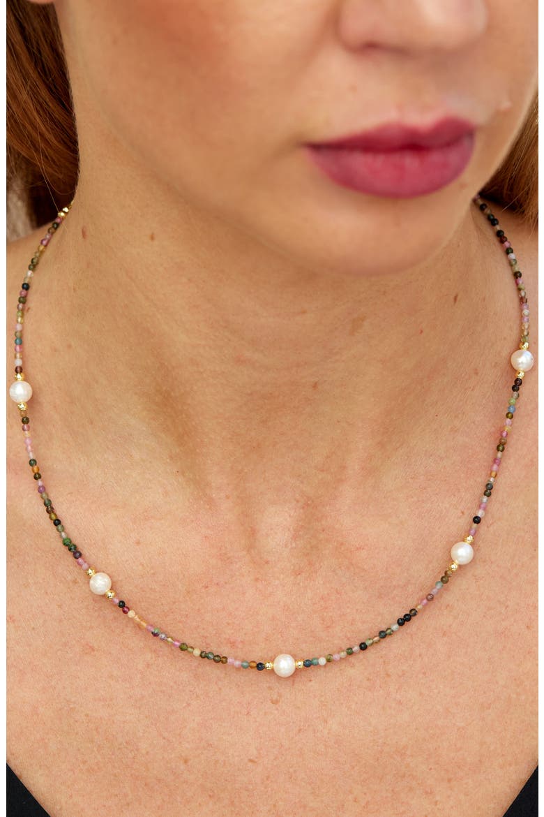 Cultured Freshwater Pearl & Tourmaline Beaded Necklace, Alternate, color, GOLD