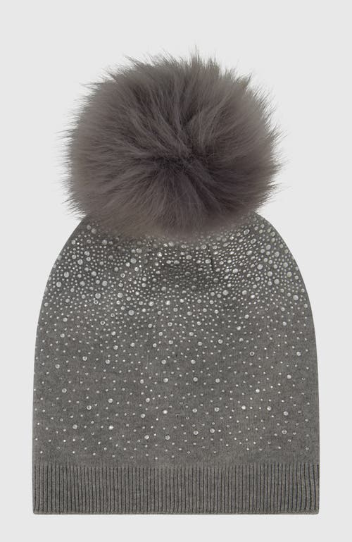 Lyla Grant Knit Beanie Hat With Fur-free Fox (faux Fur) Pompom In Gray