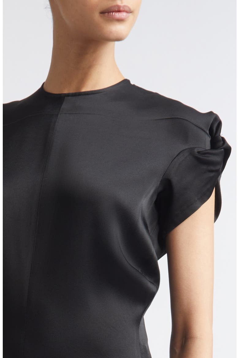 Twist Shoulder Asymmetric Satin Midi Dress, Alternate, color, BLACK