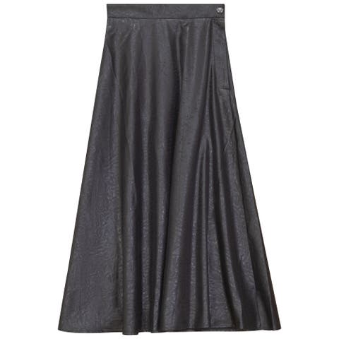 Accordion Pleated Side Zip Leather Look Midi Skirt