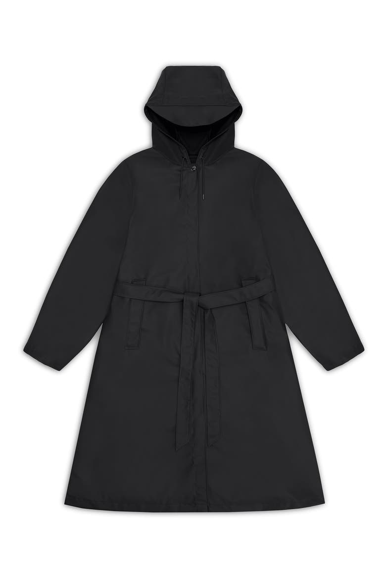 Waterproof A-Line Long Raincoat, Alternate, color, BLACK