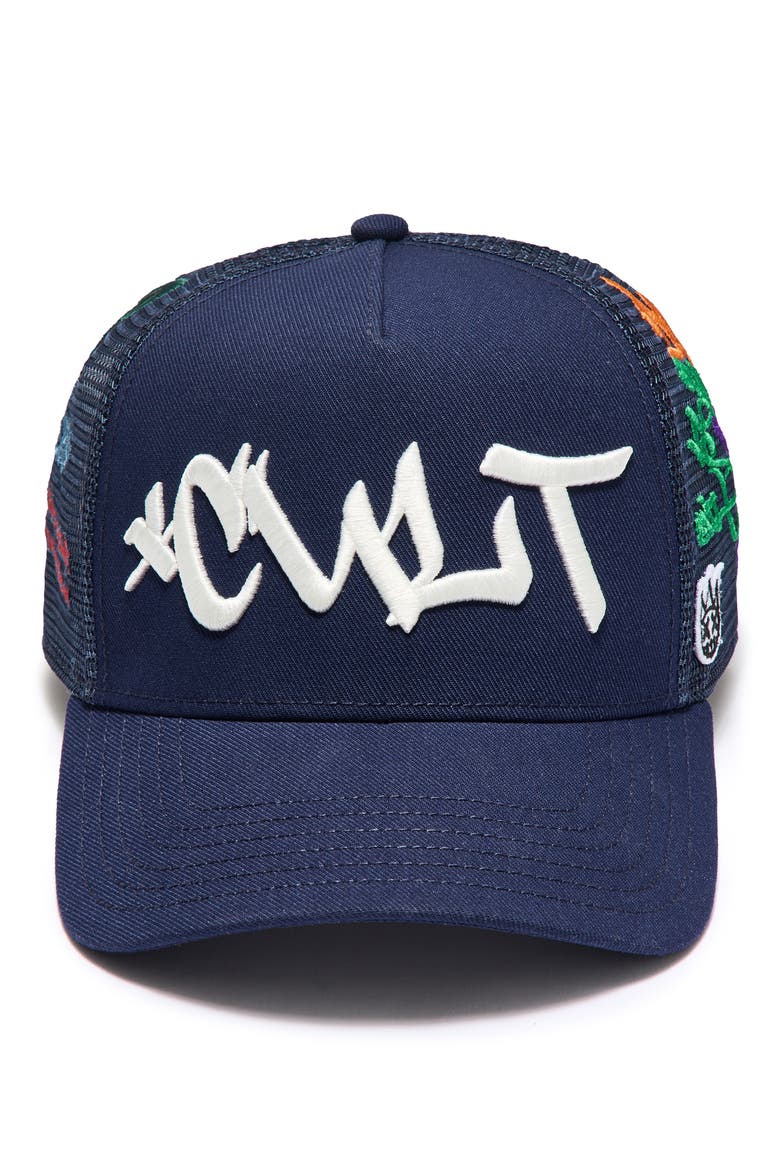 Graffiti Logo Trucker Hat, Alternate, color, MIDNIGHT BLUE