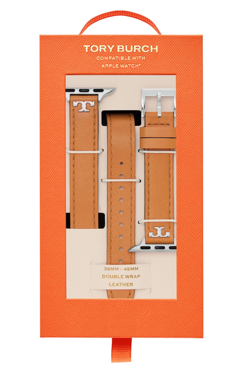 Tory Burch The T Double Wrap Leather Apple Watch<sup>®</sup> Watchband, Alternate, color,