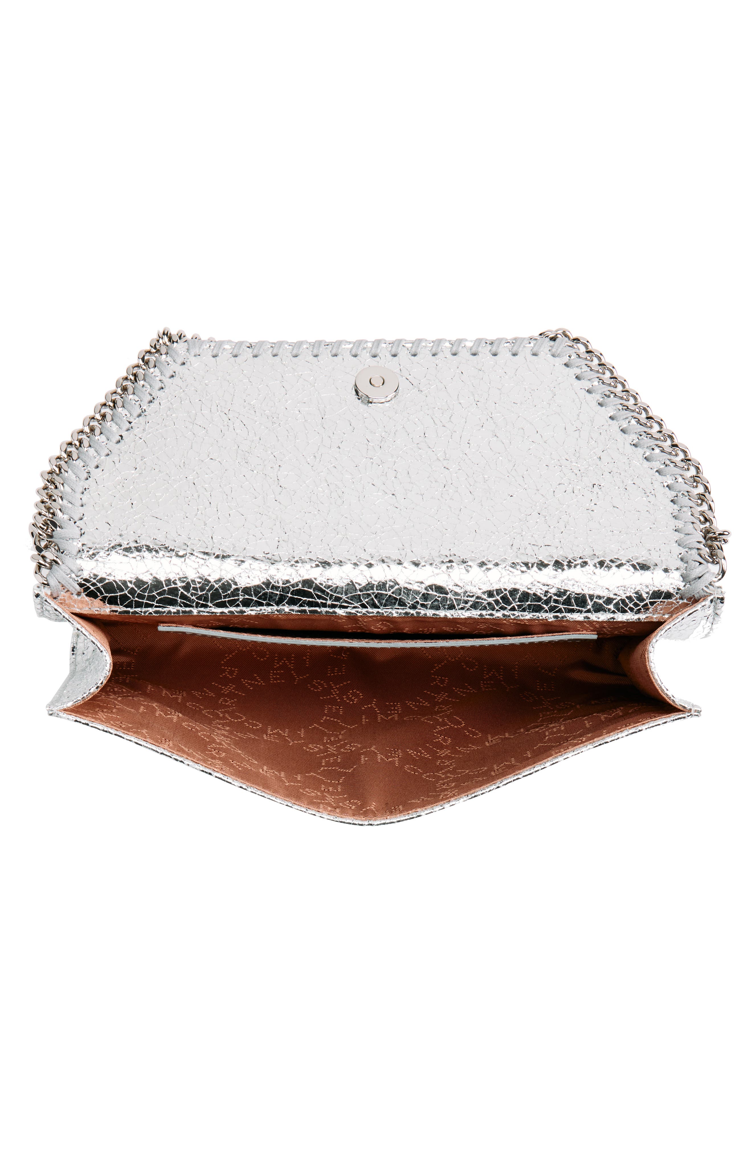 Stella McCartney Falabella Crinkle Metallic Faux Leather Wallet on Chain, Alternate, color, Silver