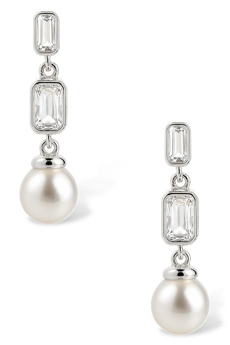 Hope Baguette Cultured Pearl Drop Earrings, Alternate, color, SILVER