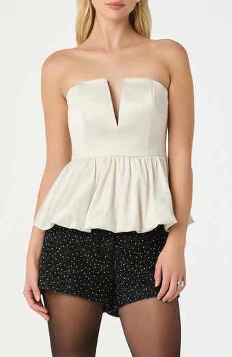 Satin Strapless Plunge Peplum Top
