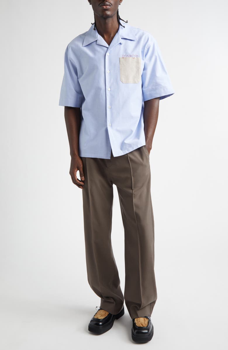 Marni Mending Logo Cotton Oxford Camp Shirt, Alternate, color, 00B51 Sapphire