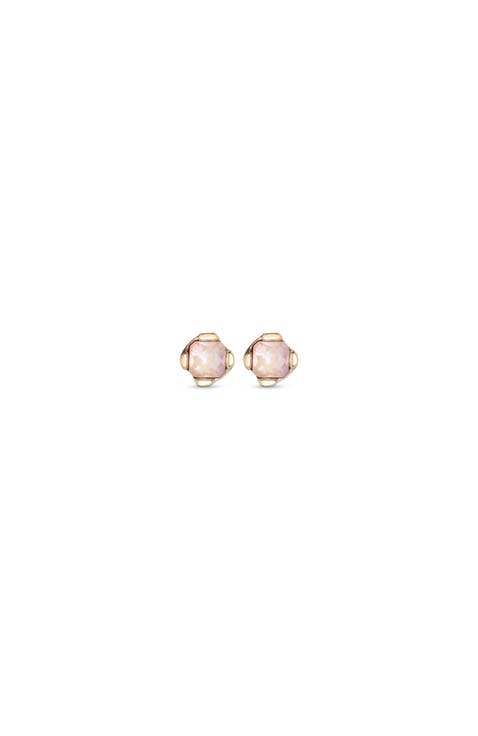 18k gold plated metal alloy earring with small faceted crystal in pink color