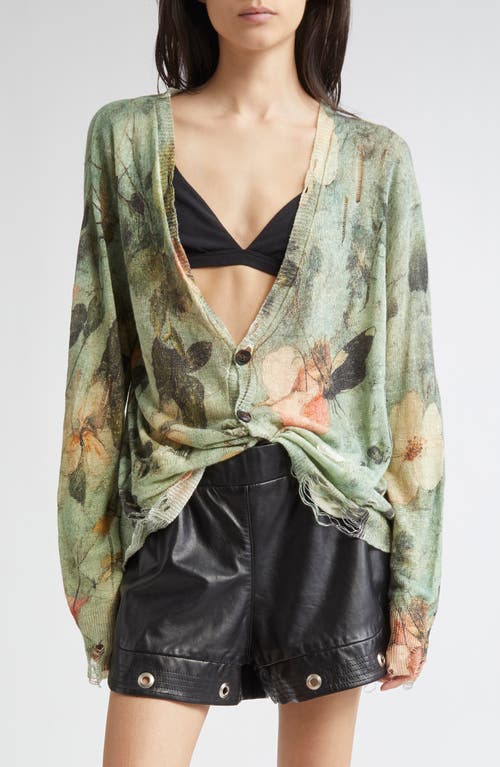 R13 Boyfriend Distressed Floral-print Linen Cardigan In Green