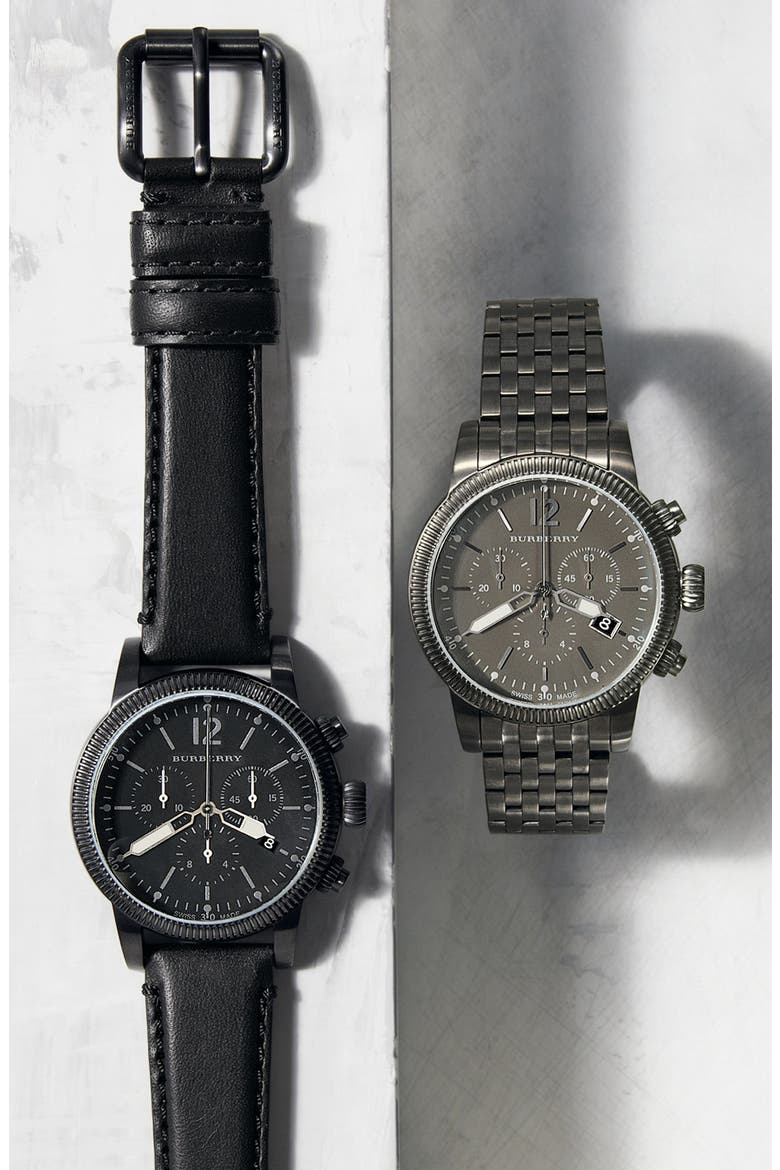 Round Leather Strap Watch, 42mm, Alternate, color, BLACK