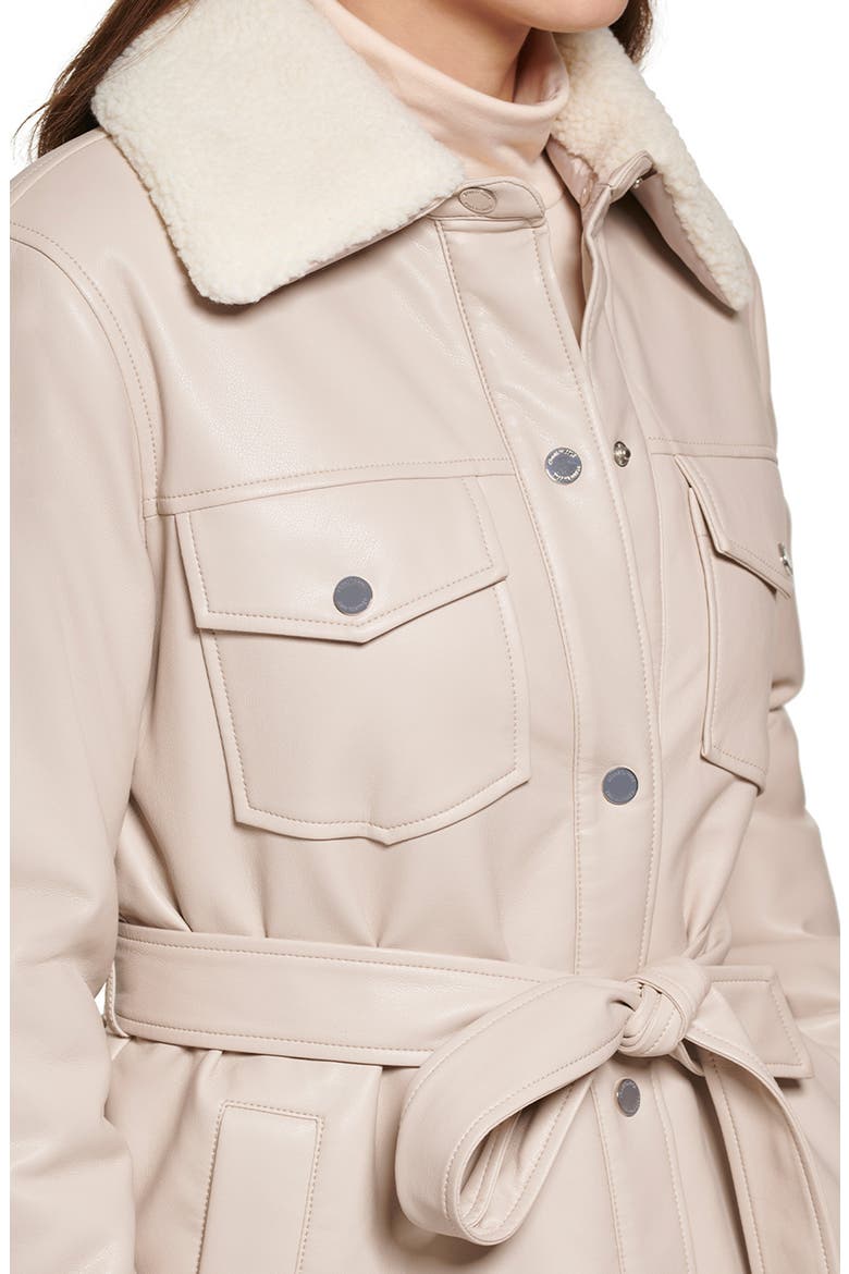 Faux Leather Tie Belt Shacket with Removable Faux Shearling Collar, Alternate, color, BONE