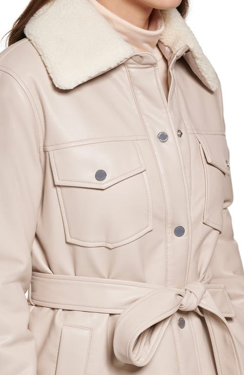 Kenneth Cole Faux Leather Tie Belt Shacket With Removable Faux Shearling Collar In Brown