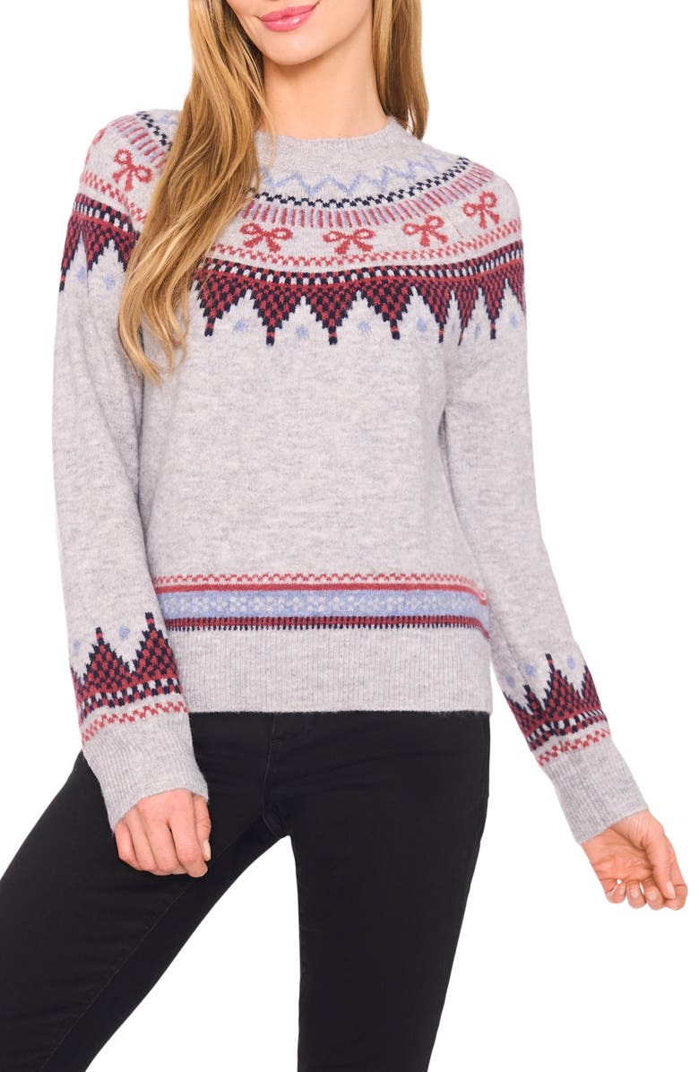 CeCe Bow Fair Isle Ribbon Detail Crewneck Sweater, Main, color, Light Heather Grey