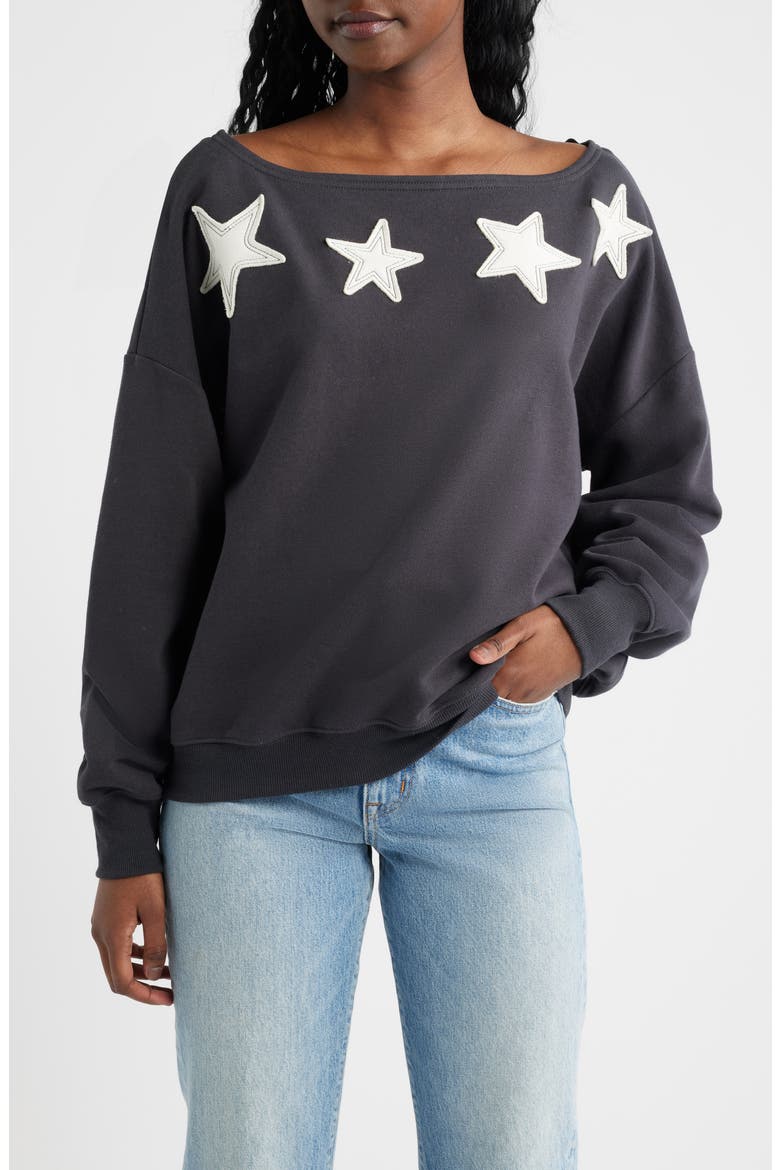 Star Appliqué Off the Shoulder Sweatshirt, Main, color, PHANTOM