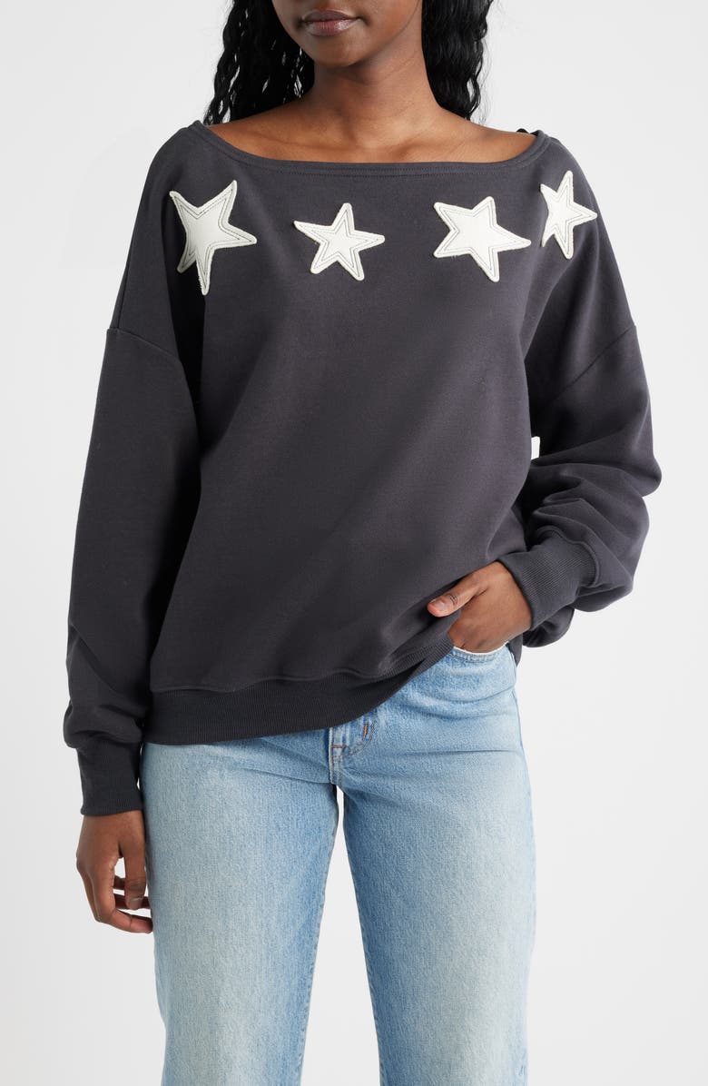 Vinyl Icons Star Appliqué Off the Shoulder Sweatshirt, Main, color, Phantom