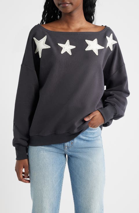 Star Appliqué Off the Shoulder Sweatshirt