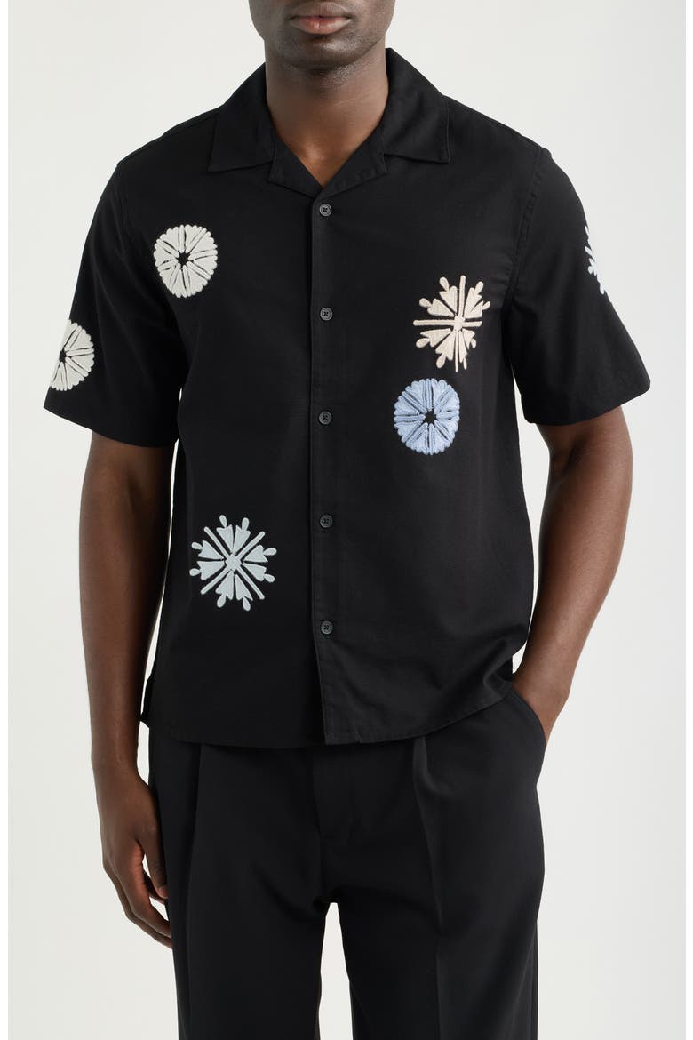 Didicot Medallion Appliqué Cotton & Linen Camp Shirt, Main, color, BLACK / MULTI