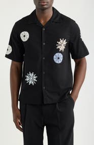Wax London Didicot Medallion Appliqué Cotton & Linen Camp Shirt