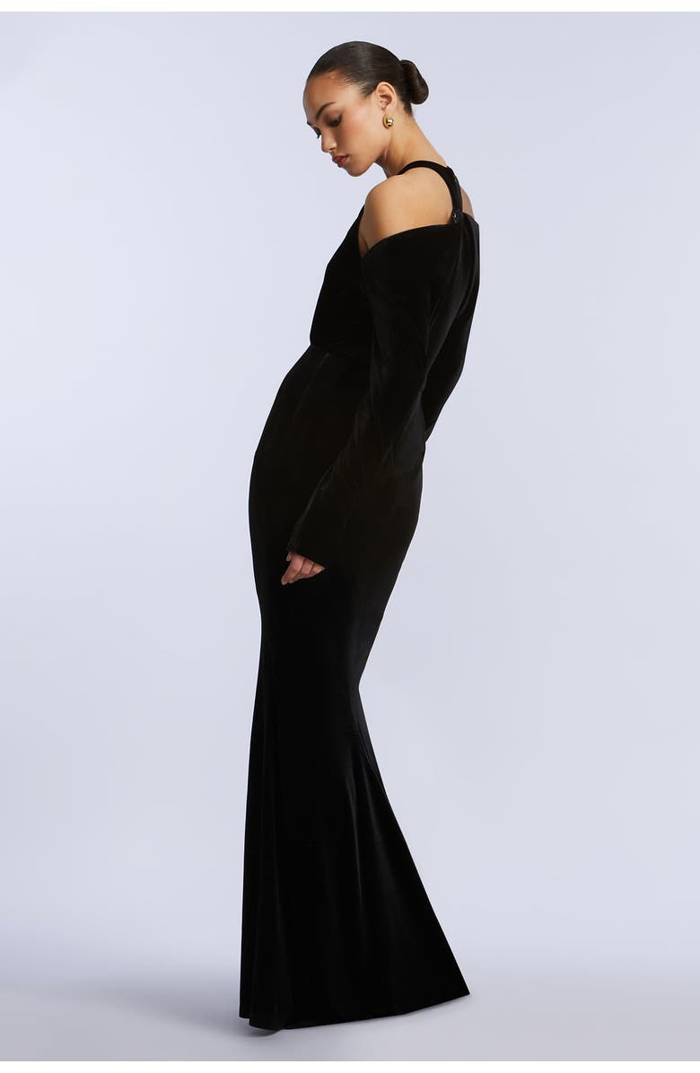 BCBGMAXAZRIA Long Sleeve Halter Velvet Gown, Alternate, color, Black