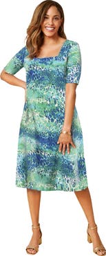 Jessica London Stretch Cotton Square Neck Midi Dress