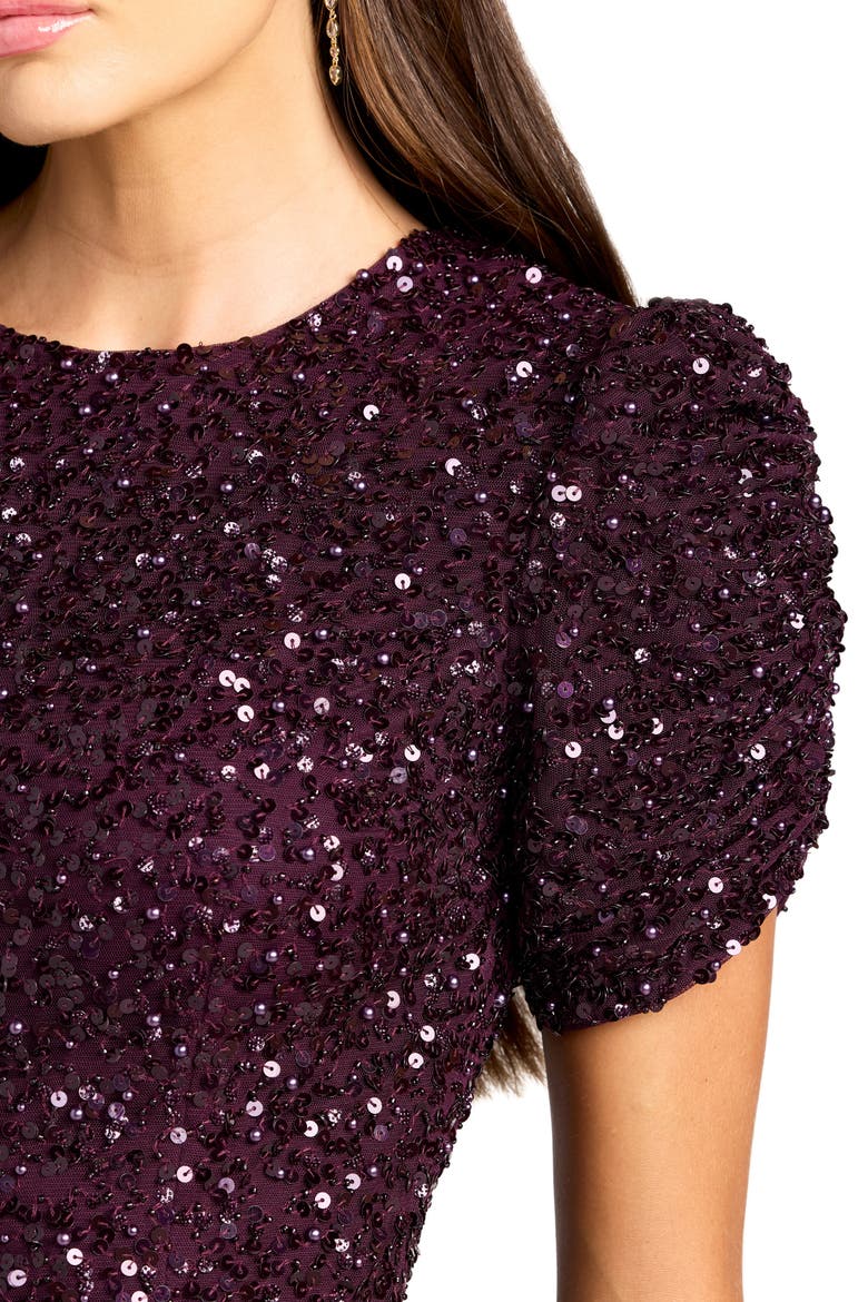 Women's Embellished Mesh High-Neck Short Sleeve Gown, Alternate, color, Blackberry