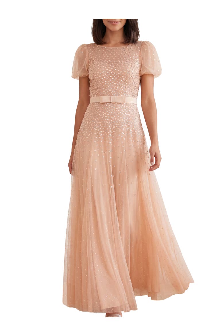 Sequin Cascade Bow Short Sleeve Gown, Main, color, Wheat/Cream