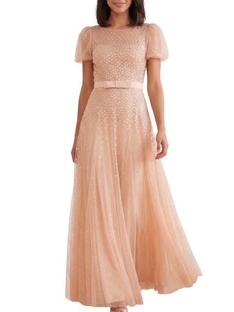 Sequin Cascade Bow Short Sleeve Gown