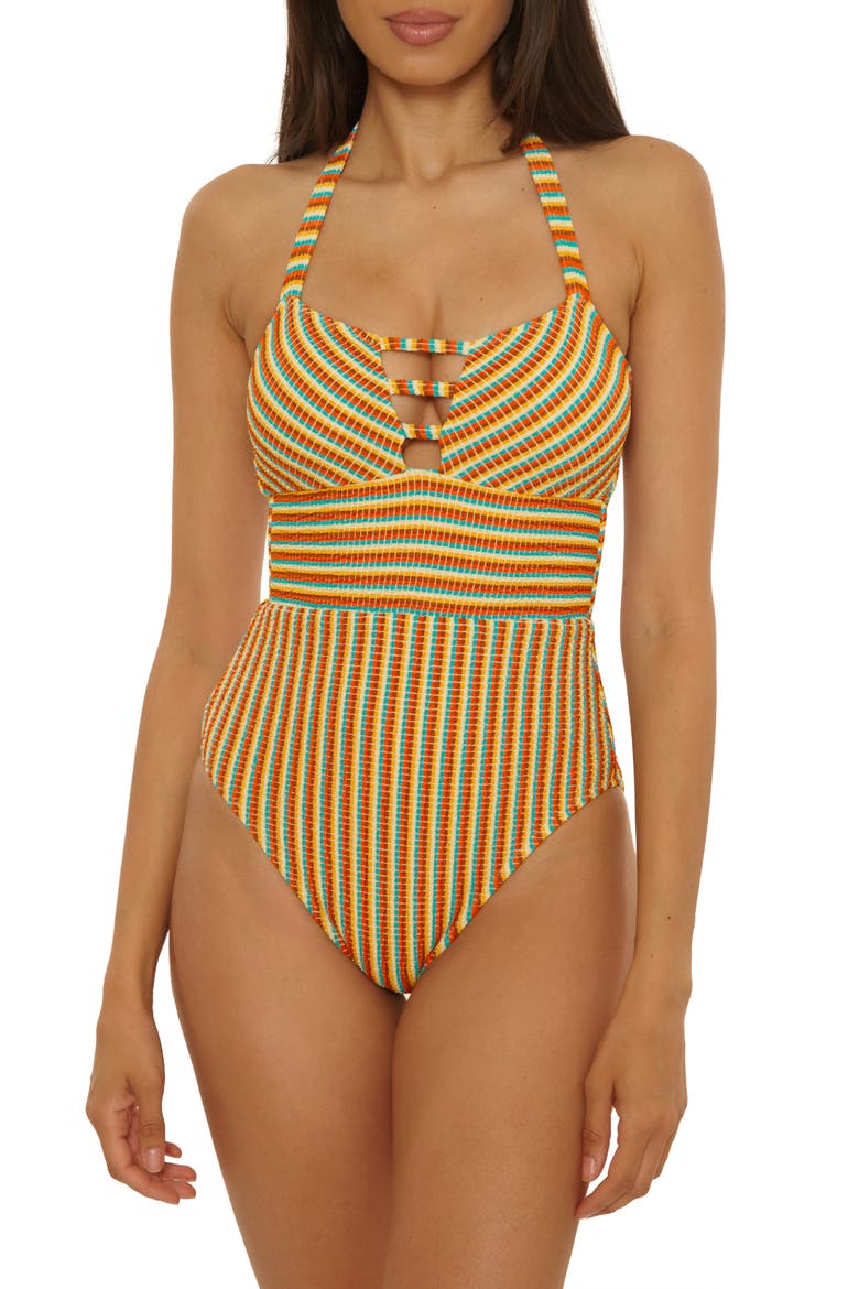 Ocean Wave Stripe Seersucker One-Piece Swimsuit, Main, color, RED MULTI