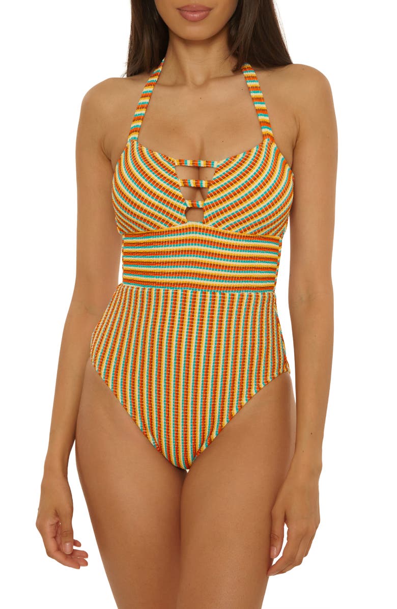 Lucky Brand Ocean Wave Stripe Seersucker One-Piece Swimsuit, Main, color, Red Multi