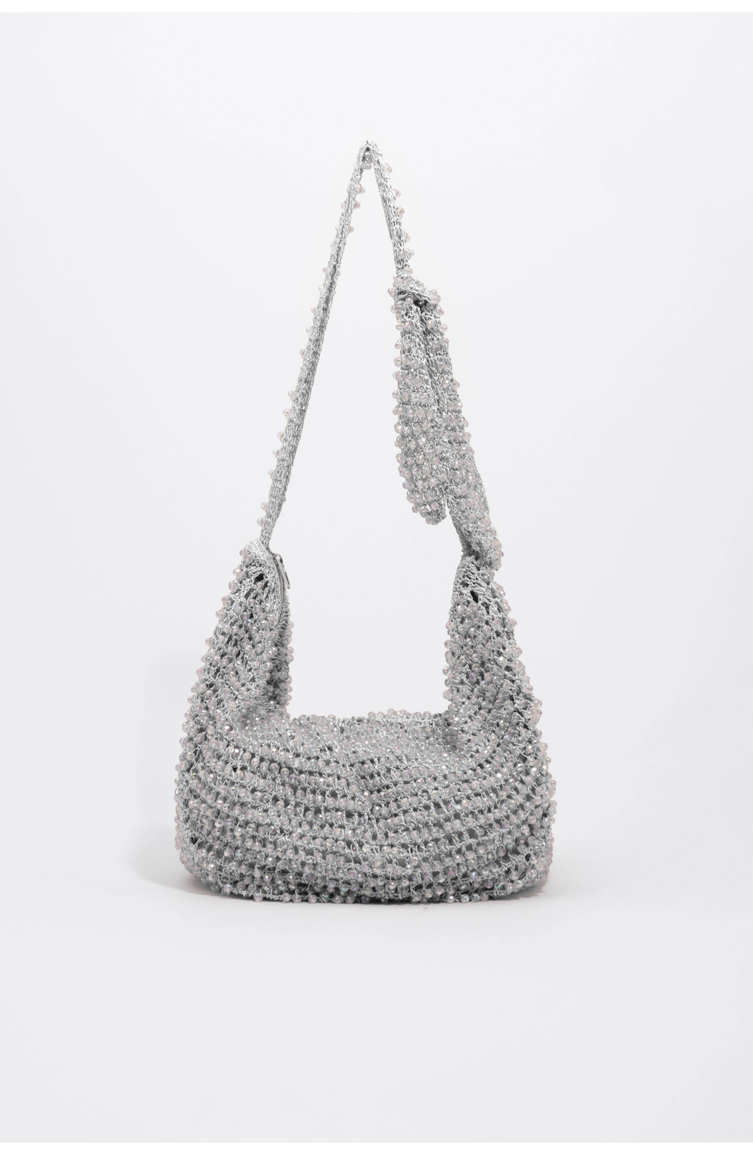 Medium Crochet Beaded Shoulder Bag, Main, color, SILVER