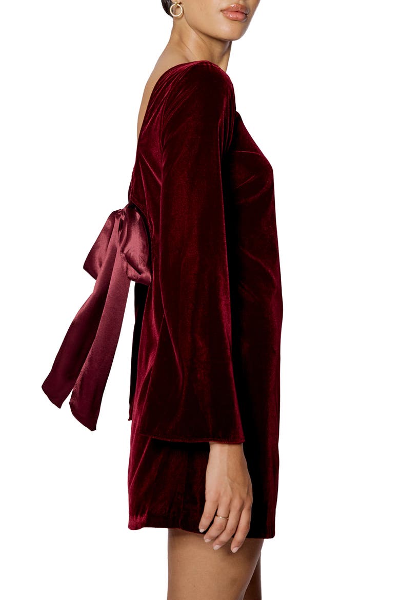 Joelle Bow Back Long Sleeve Velvet Minidress, Alternate, color, DARK RED