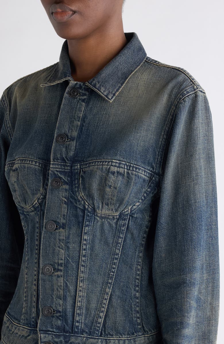 Balenciaga Denim Corset Jacket, Alternate, color, 3394 Navy/ Green/ Yellow