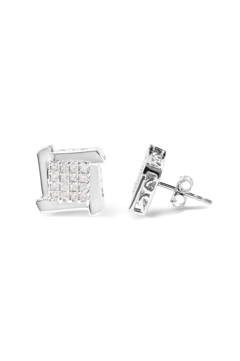 10K White Gold 1/2 Cttw Composite Princess Diamond Square and Swirl Stud Earrings, Alternate, color, White
