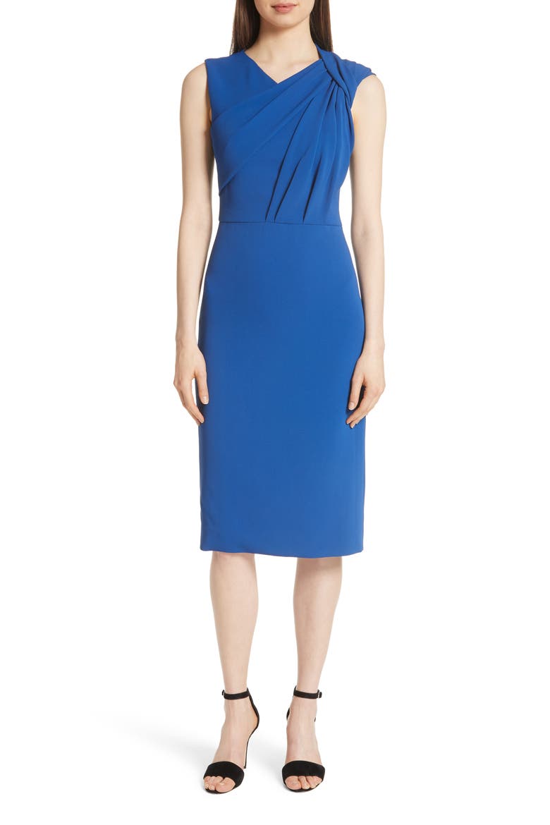 Gathered Bodice Stretch Crepe Sheath Dress, Main, color, DEEP SEA BLUE