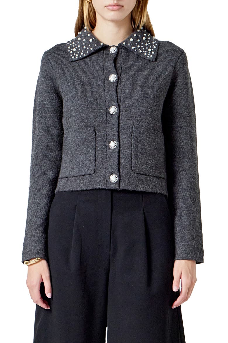 Embellished Collar Cardigan, Main, color, DARK GREY