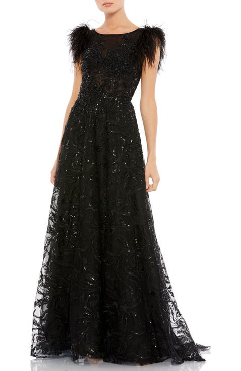 Women's Embellished Feather Cap Sleeve Bateau A Line Gown