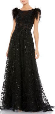 Mac Duggal Women's Embellished Feather Cap Sleeve Bateau A Line Gown