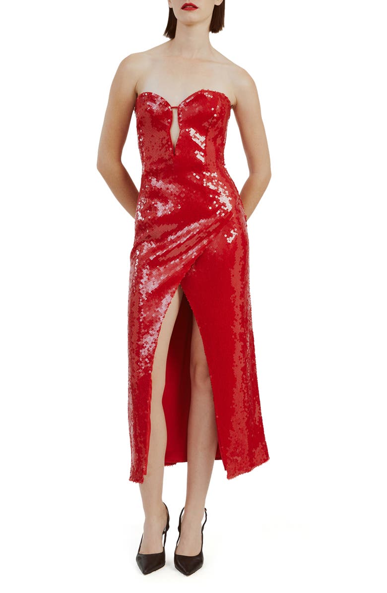 Bardot Antigone Sequin Midi Dress, Main, color, Deep Red